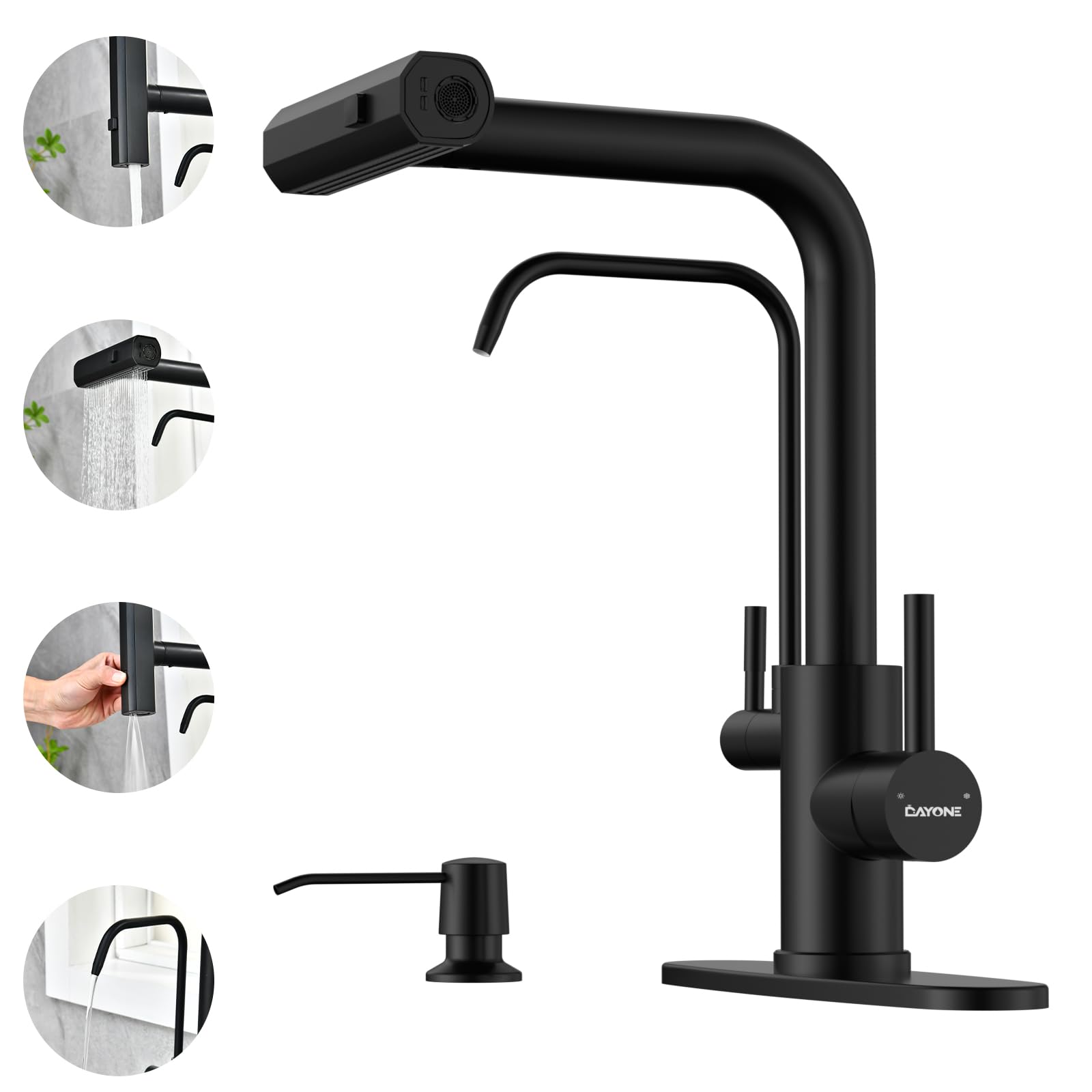 DAYONE Matte Black Waterfall Kitchen Faucet with Drinking Water Faucet and Soap Dispenser, 3 in 1 Sink Tap with Purfied Water, 4 Holes, (Without Water Filtration Device)