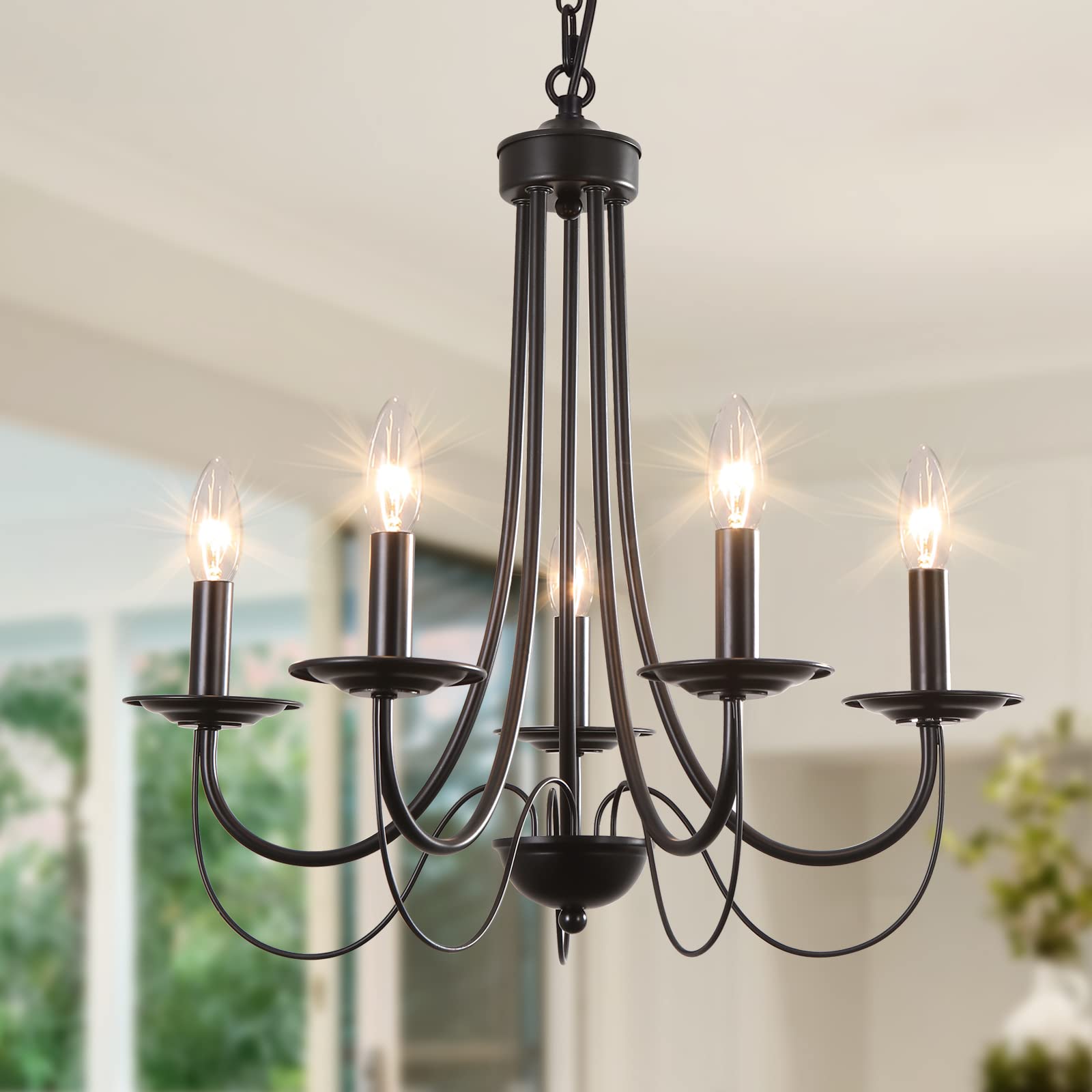 Bosomfr 5-Light Black Farmhouse Chandeliers Modern Candle Ceiling Hanging Light Fixture Adjustable Metal Industrial Pendant Lighting for Dining Room Bedroom Entryway Living Room Kitchen Island