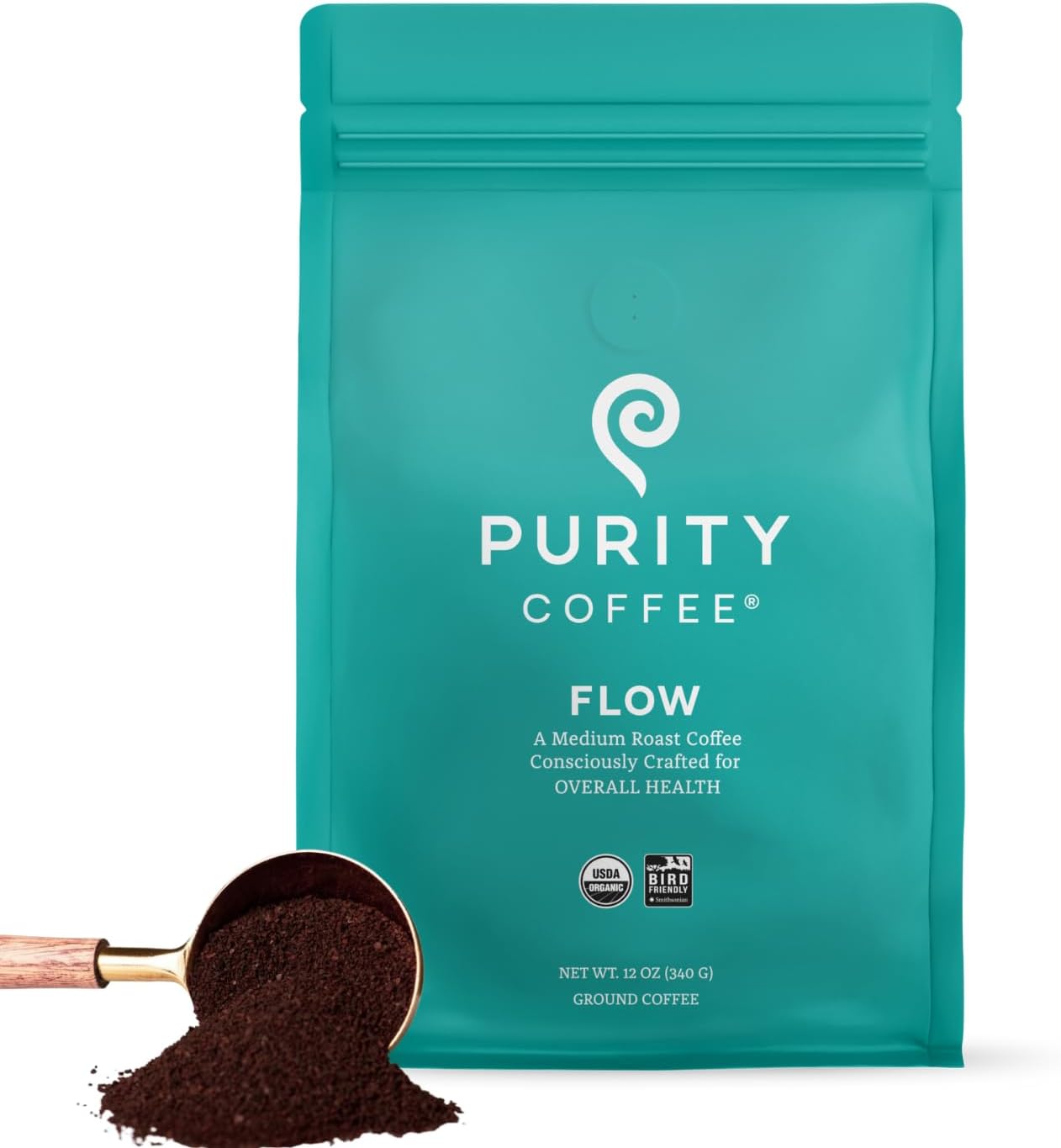 Purity Coffee FLOW Original Medium Roast Ground Coffee for Focus and Clean Energy - USDA Organic and Third-Party Tested for Antioxidants, Mold, Mycotoxins and Pesticides - 12oz
