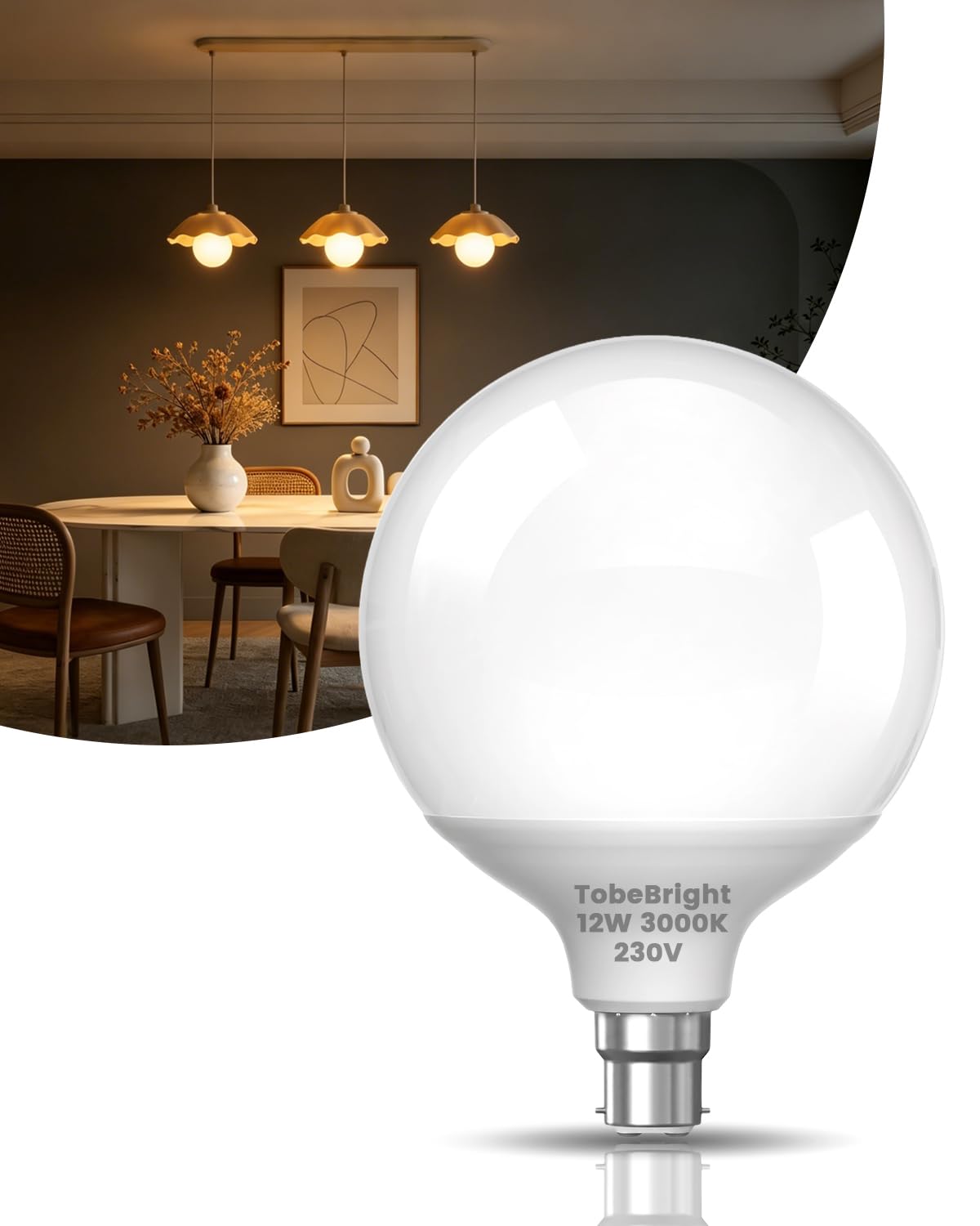 TobeBright B22 Large Bayonet LED Light Bulb Warm White 3000K, G95 Globe Bulbs, 12W Equivalent 80W, 430LM, Non Dimmable, Milky Round Bayonet Edison Light Bulb for Home Lighting, 1-Pack