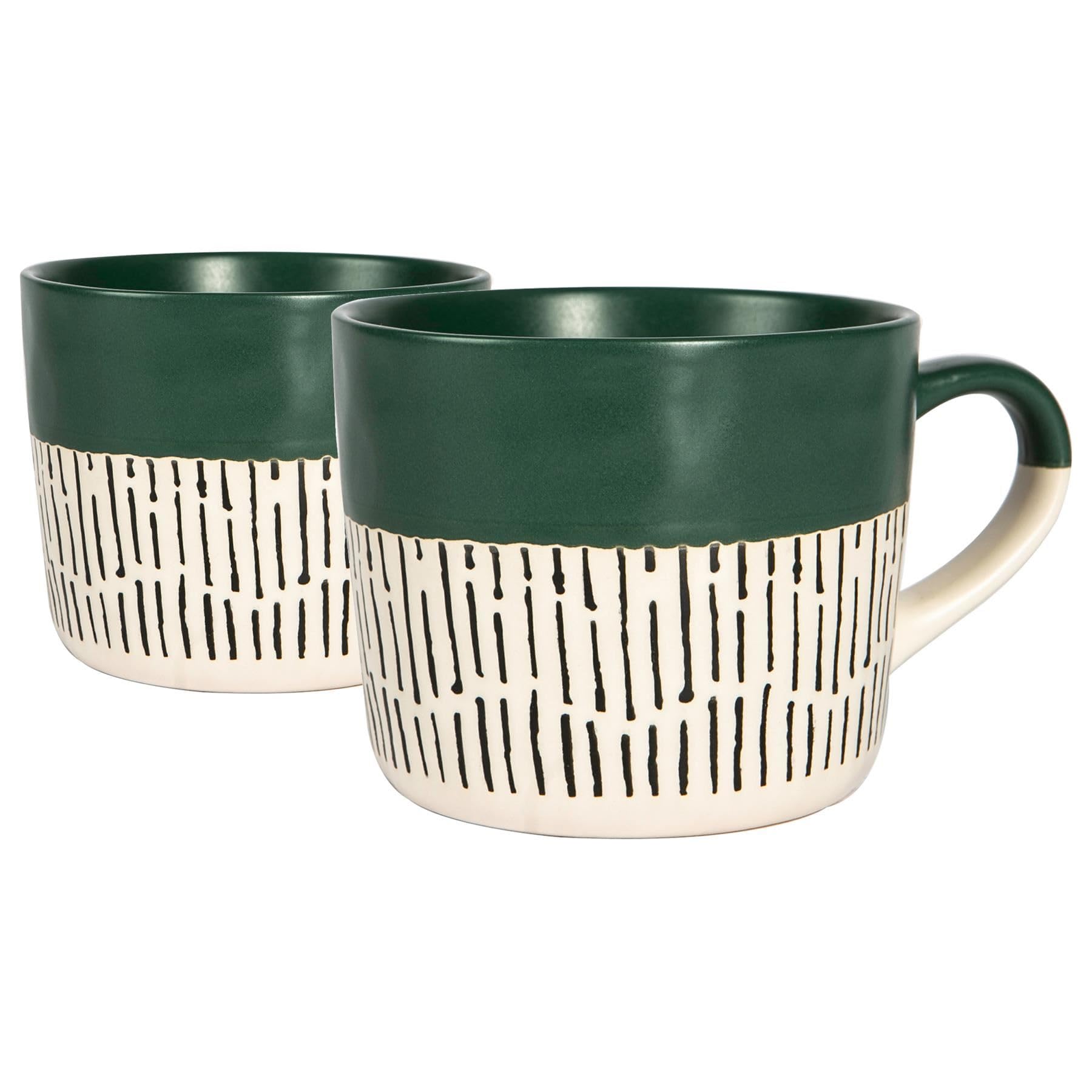 Nicola Spring Ceramic Coffee Mugs Set - 475ml - 2pc Sage Dipped Dash Stoneware Coffee Cups Dishwasher & Microwave Safe Large Tea Mugs for Hot Drinks, Hot Chocolate, Tea