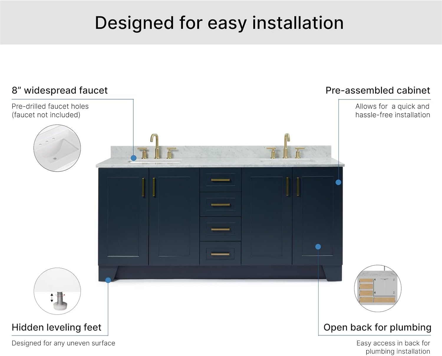 ARIEL Taylor 72-inch Bathroom Vanity with Sink,Solid Wood, 0.75-inch Italian Carrara Marble Countertop, Double Rectangular Porcelain Sink, 4 Soft Closing Doors, 6 Dovetail Drawers, Midnight Blue