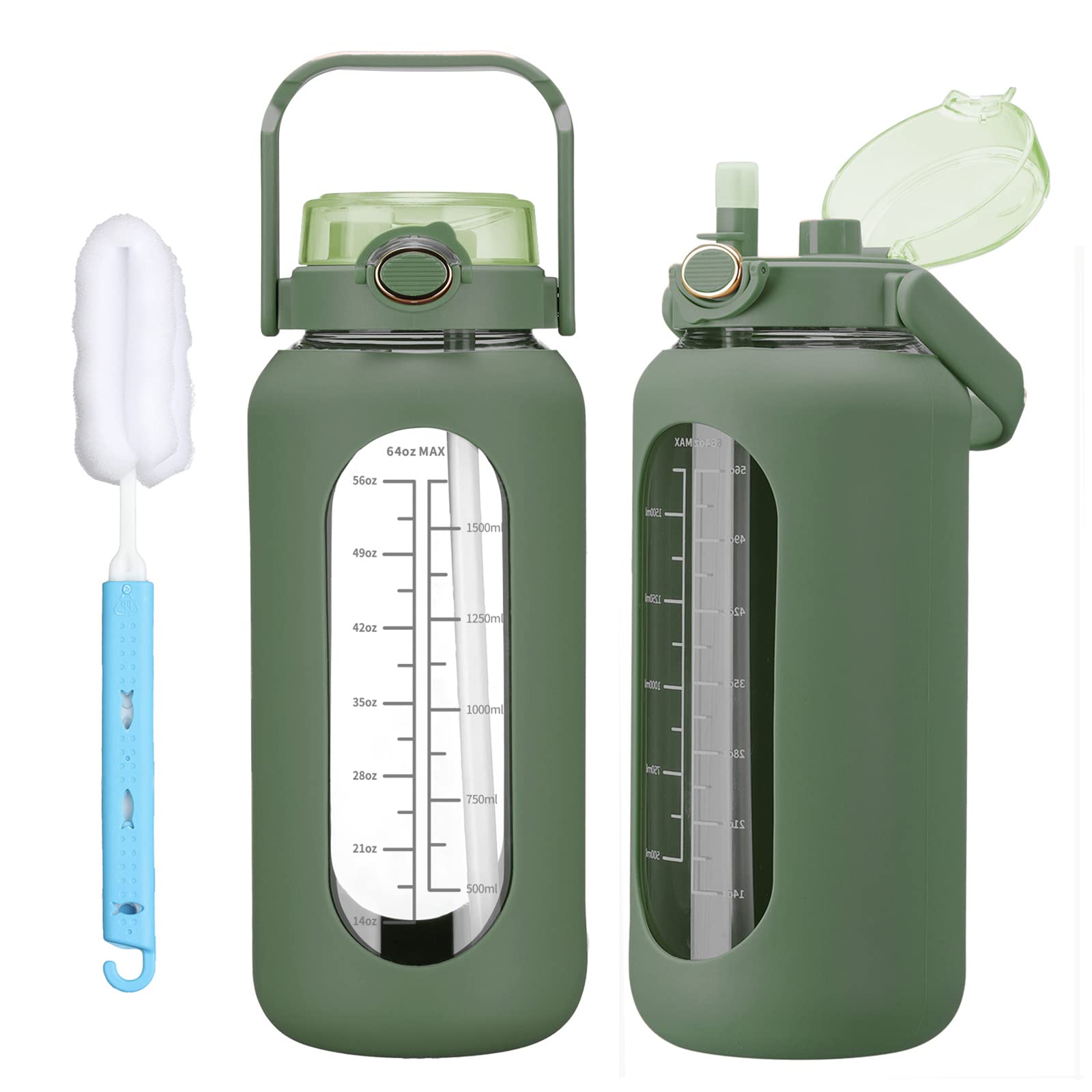 Photo 1 of chunmo 64oz Glass Water Bolttles with Straw Half Gallon Large Motivational Water Bottle with Time Marker Sports Water Bottles with Silicone Sleeve and Handle Lid Water Jug for Gym Workout