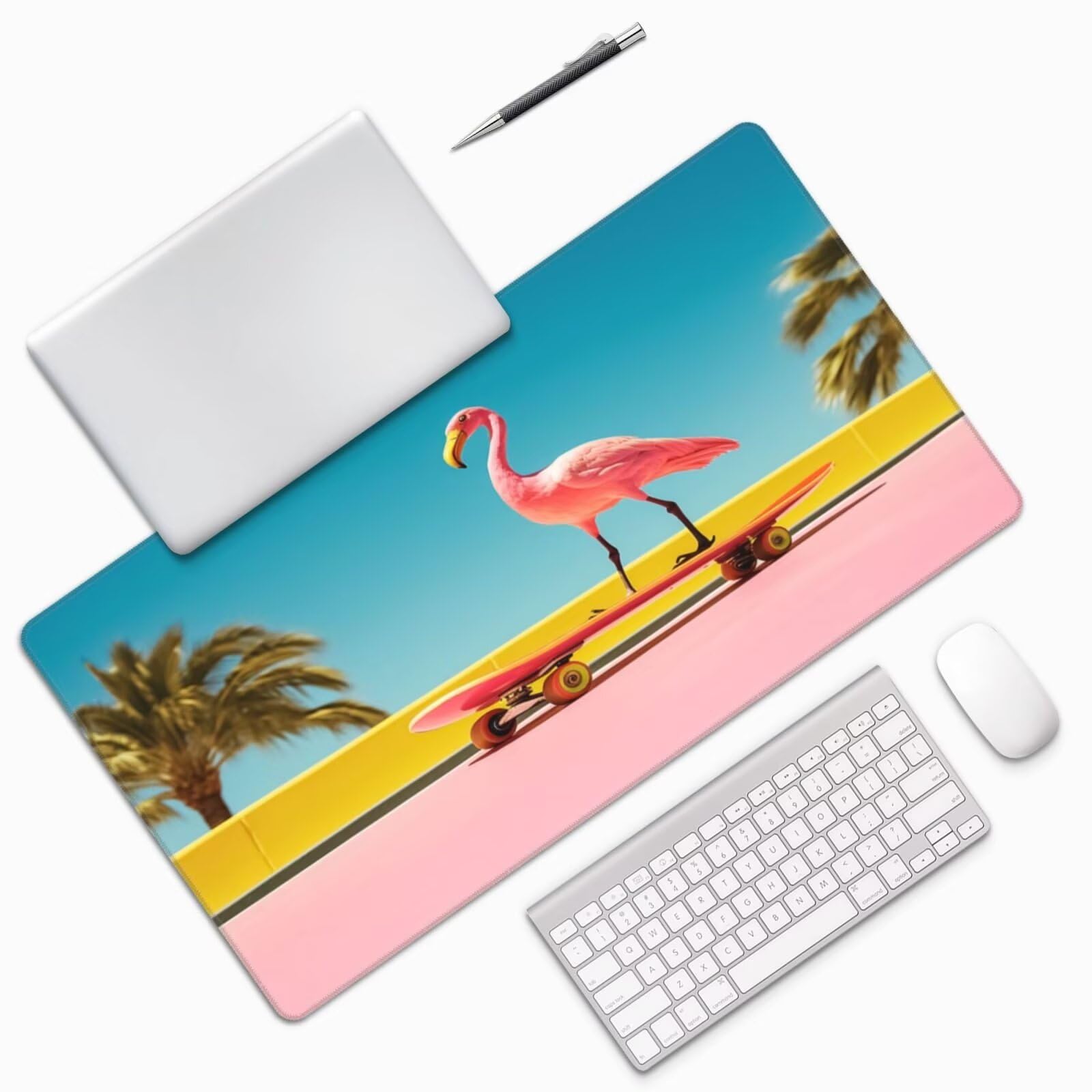 Gaming Mauspad XXL,900 x 600 x 3mm Mousepad Verlängertes Groß Mauspad Schreibtischauflage,Genähte Kanten rutschfeste Gummibasis,Verbessert Präzision Geschwindigkeit Home Office Rosa Flamingo L-5048