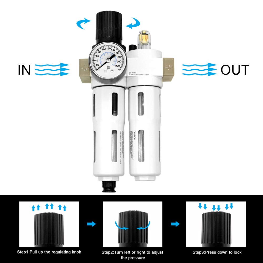 Beduan Combo regulador de filtro de aire comprimido NPT de 3/8 pulgadas (0-230 psi), filtro de compresor de herramienta de aire, separador de trampa de agua/aceite con calibre, drenaje manual