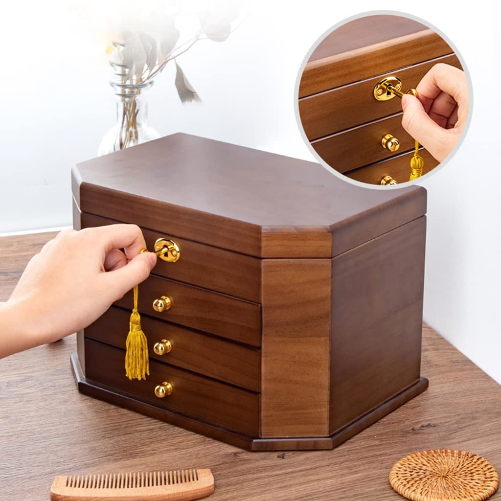 Abschließbare Schmuckschatulle aus Holz mit 3 Schubladen für Frauen und Mädchen – Halter für Ringe, Halsketten, Ohrringe, Armbänder – Aufbewahrung in Geschenkbox – Farbe A – Größe 28 x 19 x 18,5 cm (A