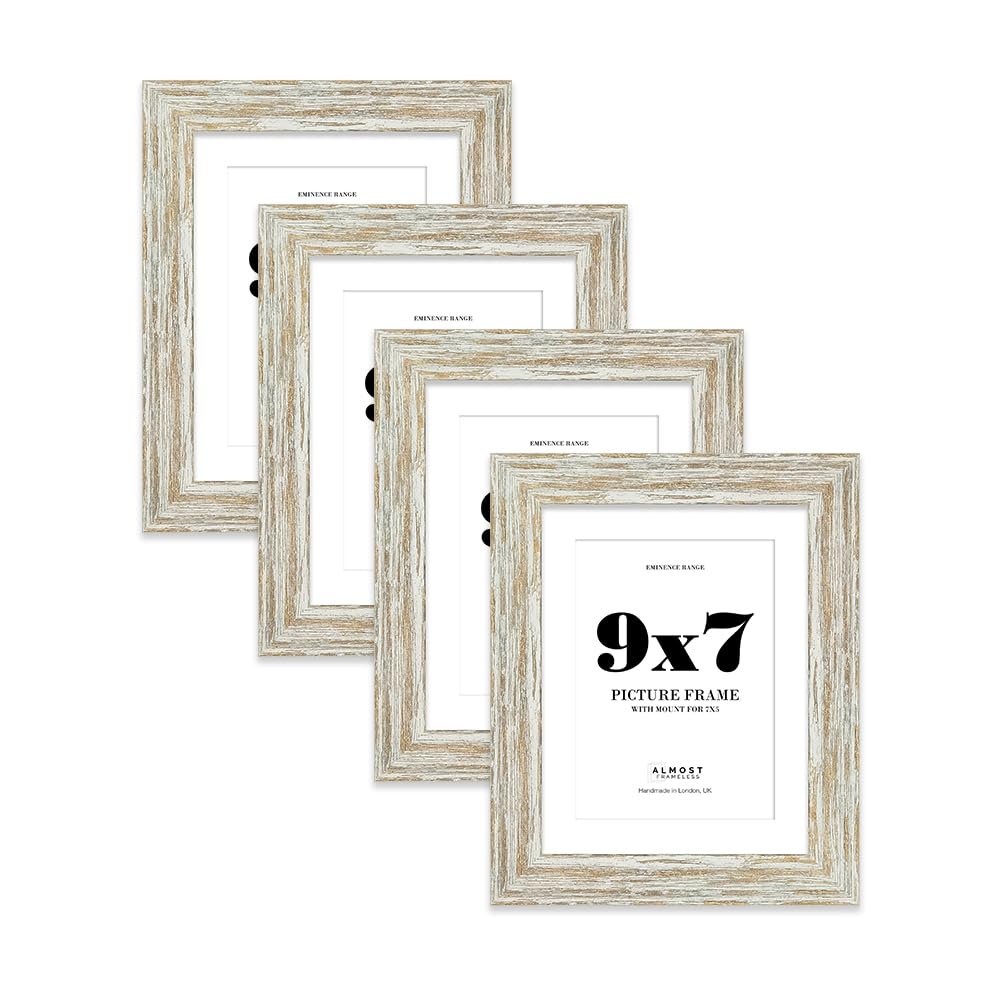 9x7" Distressed White Oak Picture Frame with 7x5" Mount - Rustic Photo Frame with Distressed Finish, Wall Hooks and Kickstand, 32mm Edge - 4 Pack