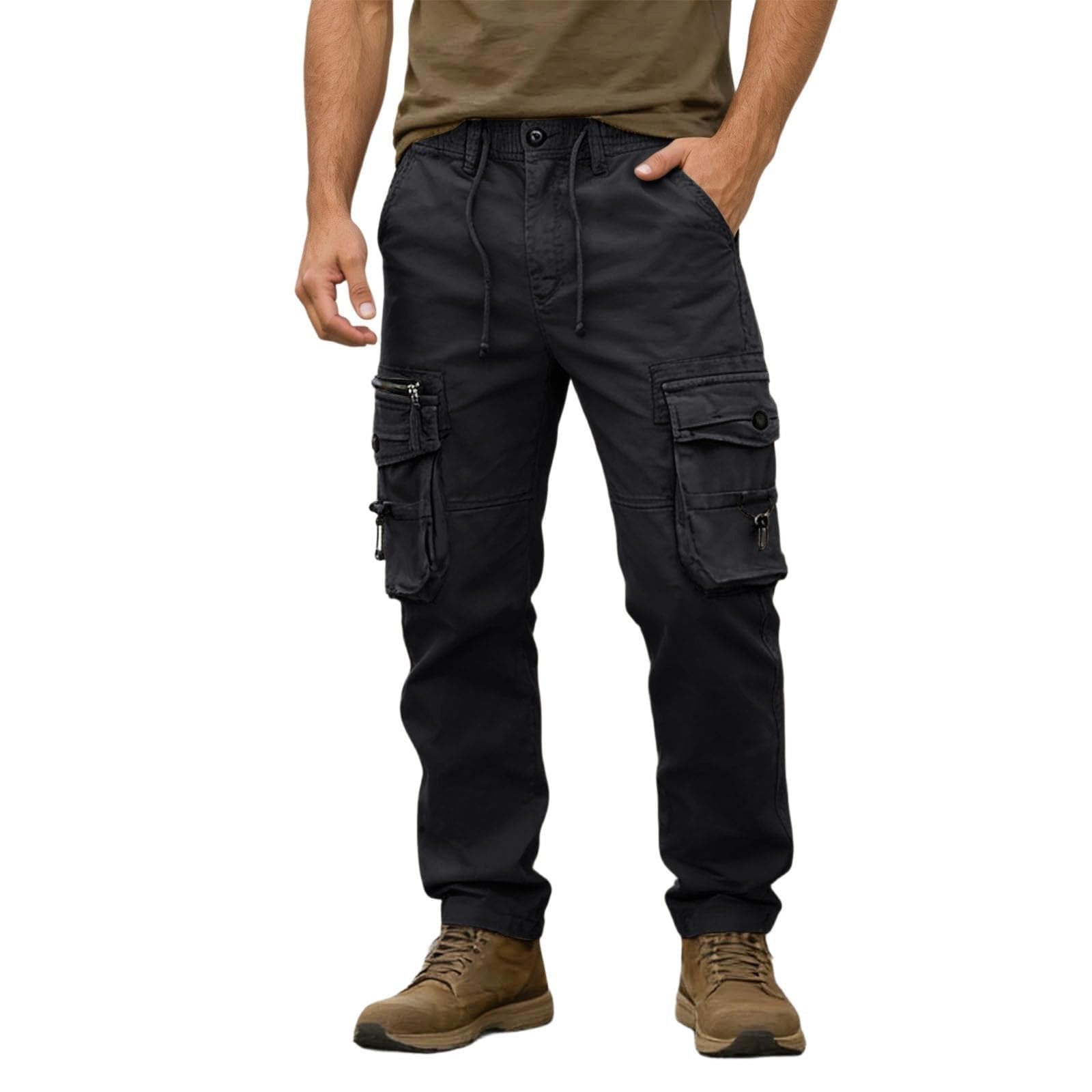 Herren-Cargohose, leger, Baumwolle, Wanderhose für Herren, gerades Bein | Arbeitshose mit mehreren Taschen, Kordelzug an der Taille, Outdoor-Wanderhose, bequem, langlebig, Freizeithose