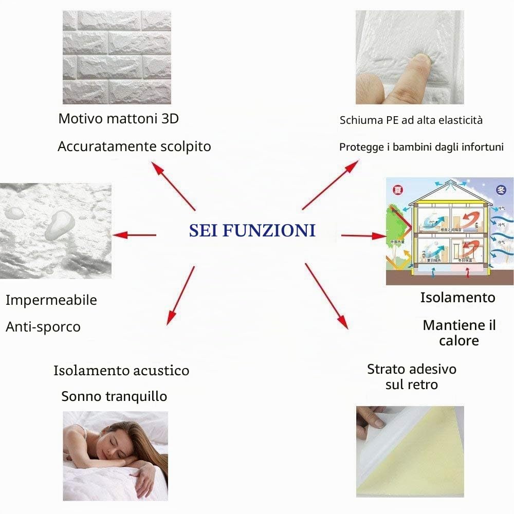 Carta da Parati Mattoni 3D, Staccabile DIY Carta da Parati Decorativa Autoadesiva Impermeabile per Cucina Ufficio TV Sfondo (12 Pcs, Bianca)