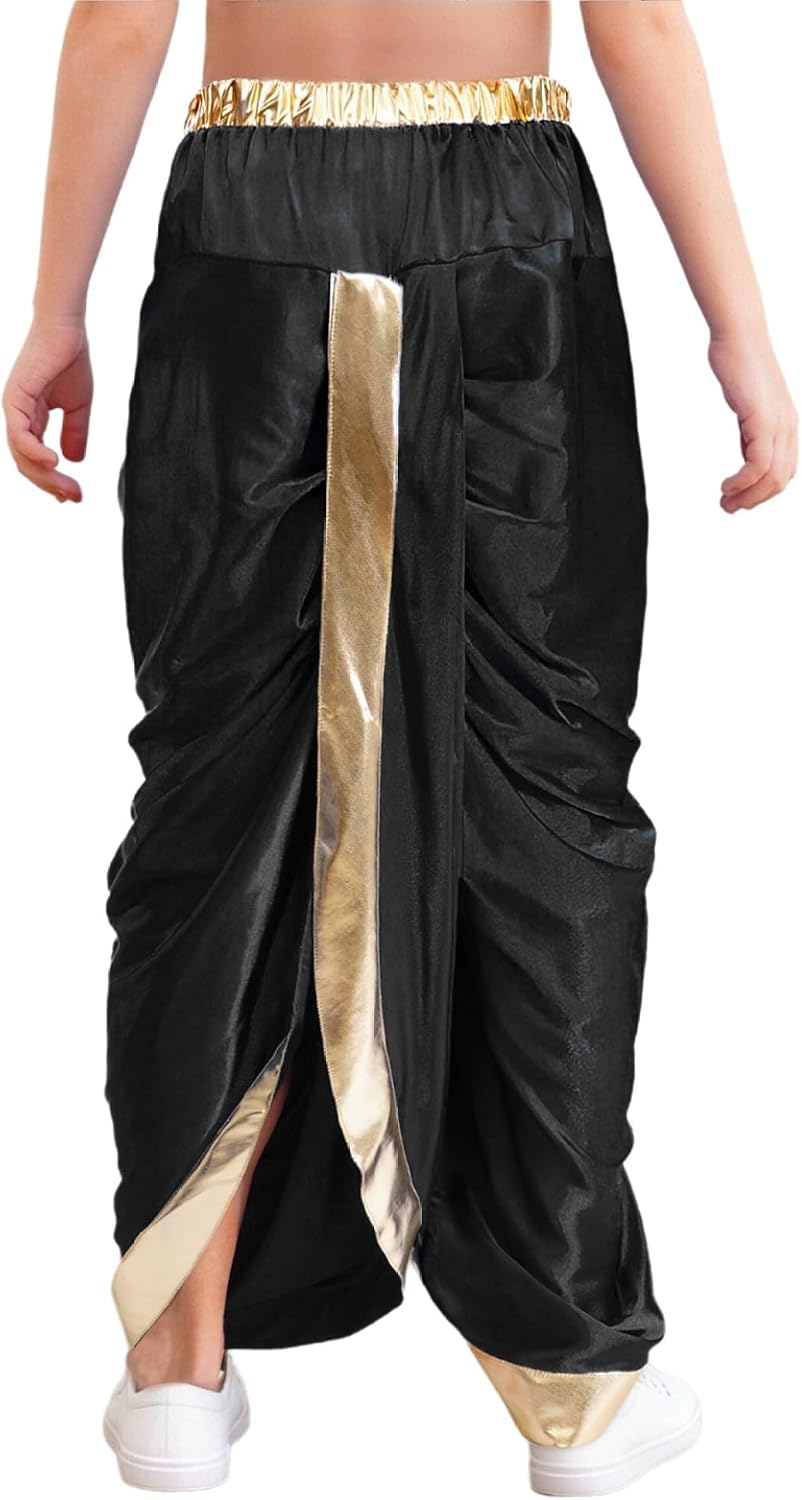 Kids Boys Satin Indian Dhoti Pants Metallic Elastic Waist Draped Arabic Harem Baggy Yoga Dance Hippie Trousers