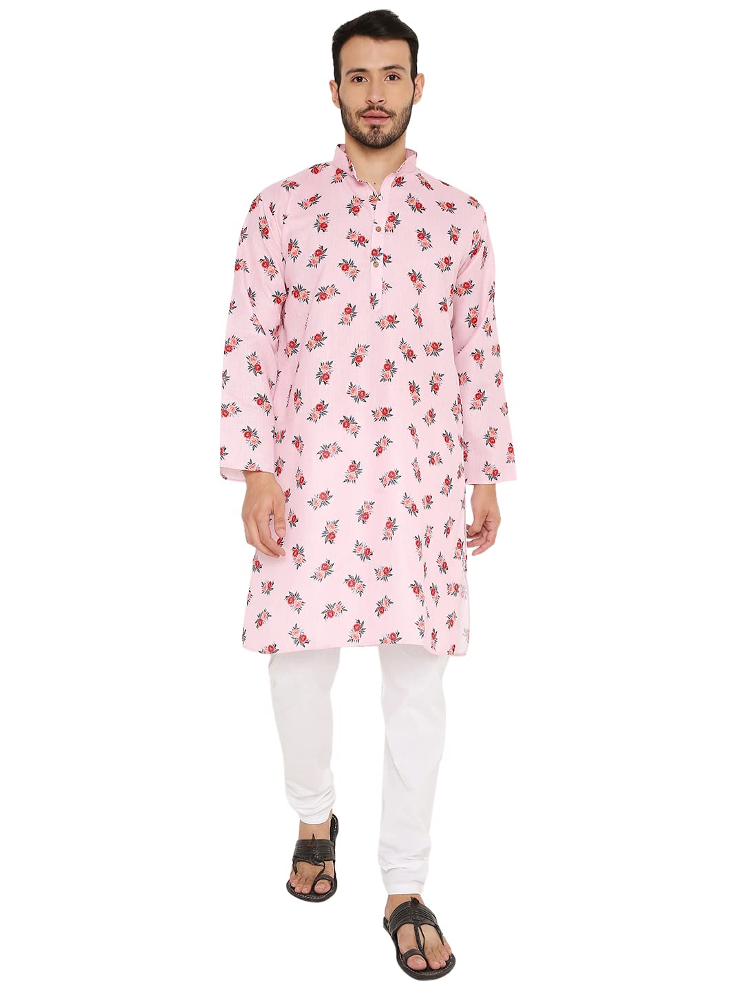 luckwin Linen Regular Fit, Mandarin Collar, Floral Print Kurta Pajama Set in Pink for Men [LWKP162-38-2023]-picture-21