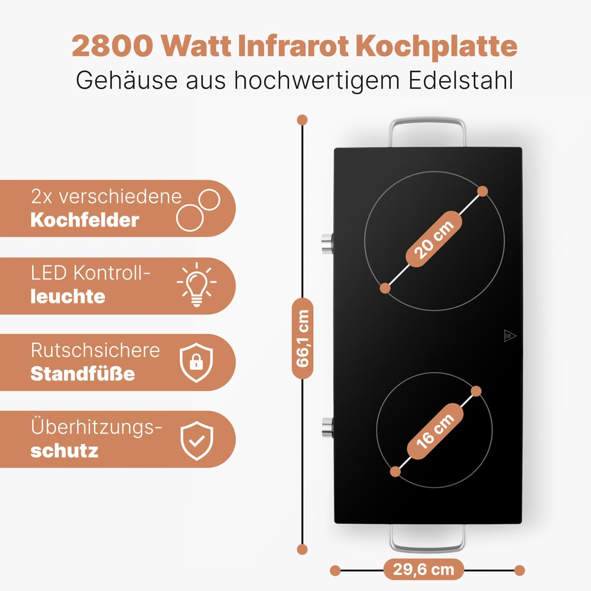 ProfiCook Piastra singola a infrarossi, adatta per tutti i tipi di pentole, superficie di cottura in vetroceramica, 2800 Watt, alloggiamento in acciaio inox