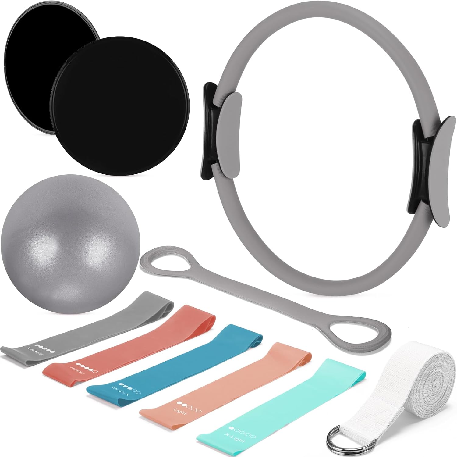 Set of 6 Style Pilates Home Equipment Set Pilates Essential Kit Workout Accessories 14 Magic Circle Mini Exercise Ball Yoga Strap Silicone Tension Strip Tension Band Sliding Plate
