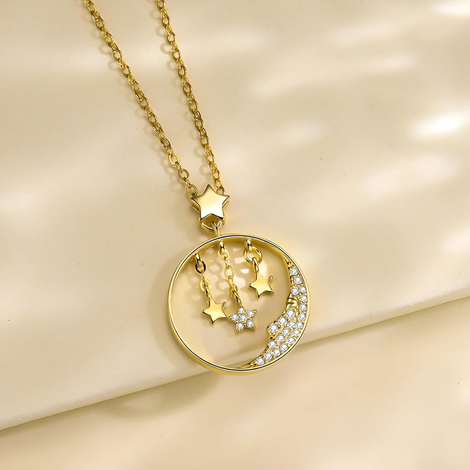 DESTIN Star Moon CZ Pendant Necklace 14K Yellow/White Gold Plated Silver Star Moon Jewelry Gifts for Her Women Girls for Valentine's Day Birthday Christmas Mother Day - Image 6