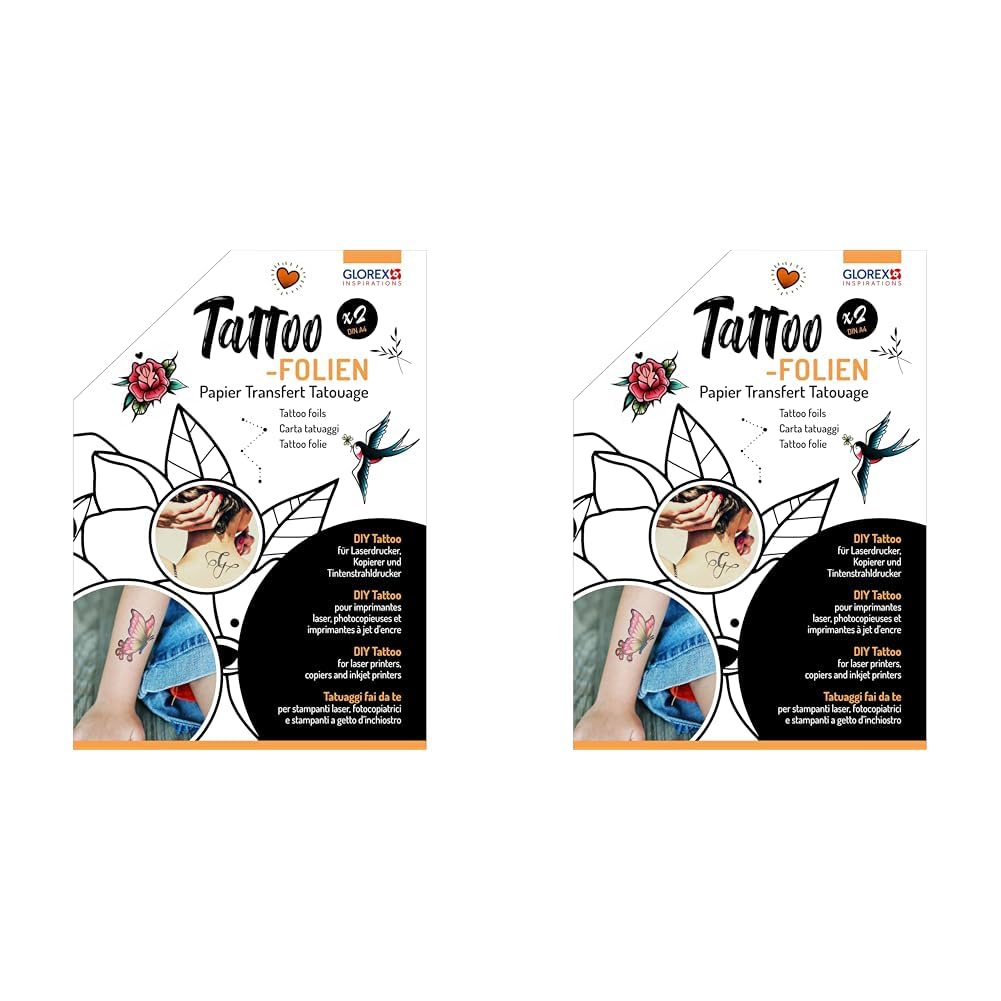 Papier Transfert Tatouage Temporaire GLOREX - Lot De 2 Feuilles A4 | Compatible Imprimantes Laser Et Jet D'encre