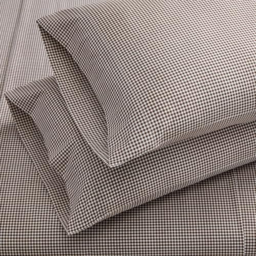 Image of Martha Stewart - Full Sheet Set with Fitted Sheet & Pillowcases, Cotton Percale Bedding with a Smooth Feel, Deep Pocket, Gingham Brown