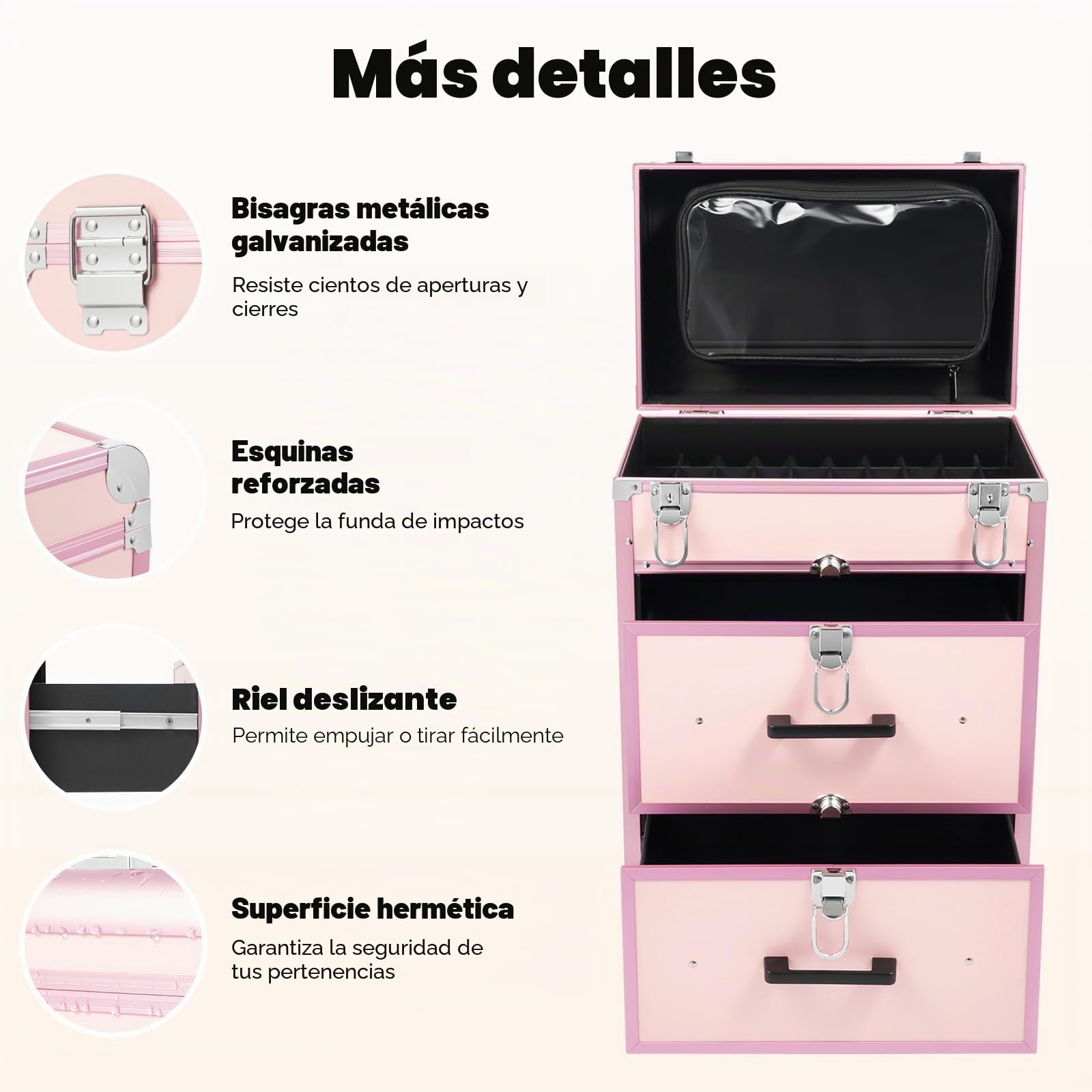 Maletín de cosméticos con carro, grande maletín de maquillaje de 3 capas con 2 cajones, maletín rodante de maquillaje, neceser portátil con 4 ruedas, maletín de belleza para equipaje de mano