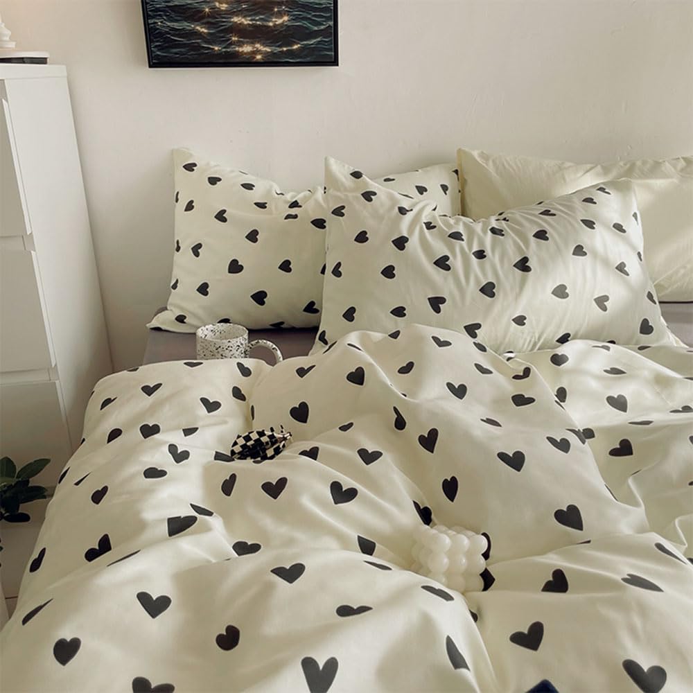 Nyescasa Black and White Duvet Cover Sets Single Black Love Hearts Cute Kawaii Super Soft Microfibre Bedding Set for Kids Girls Women Heart Aesthetic Quilt Cover 135x200 cm and 1 Pillowcase 50x75 cm — image 1