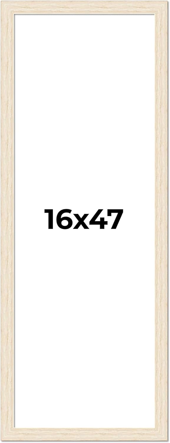 16x47 Frame Barnwood White Solid Wood Picture Frame Width 1.5 Inches | Interior Depth 0.5 Inches | Whitewashed Distressed Frame with UV Acrylic, Foam Board Backing & Hanging Hardware