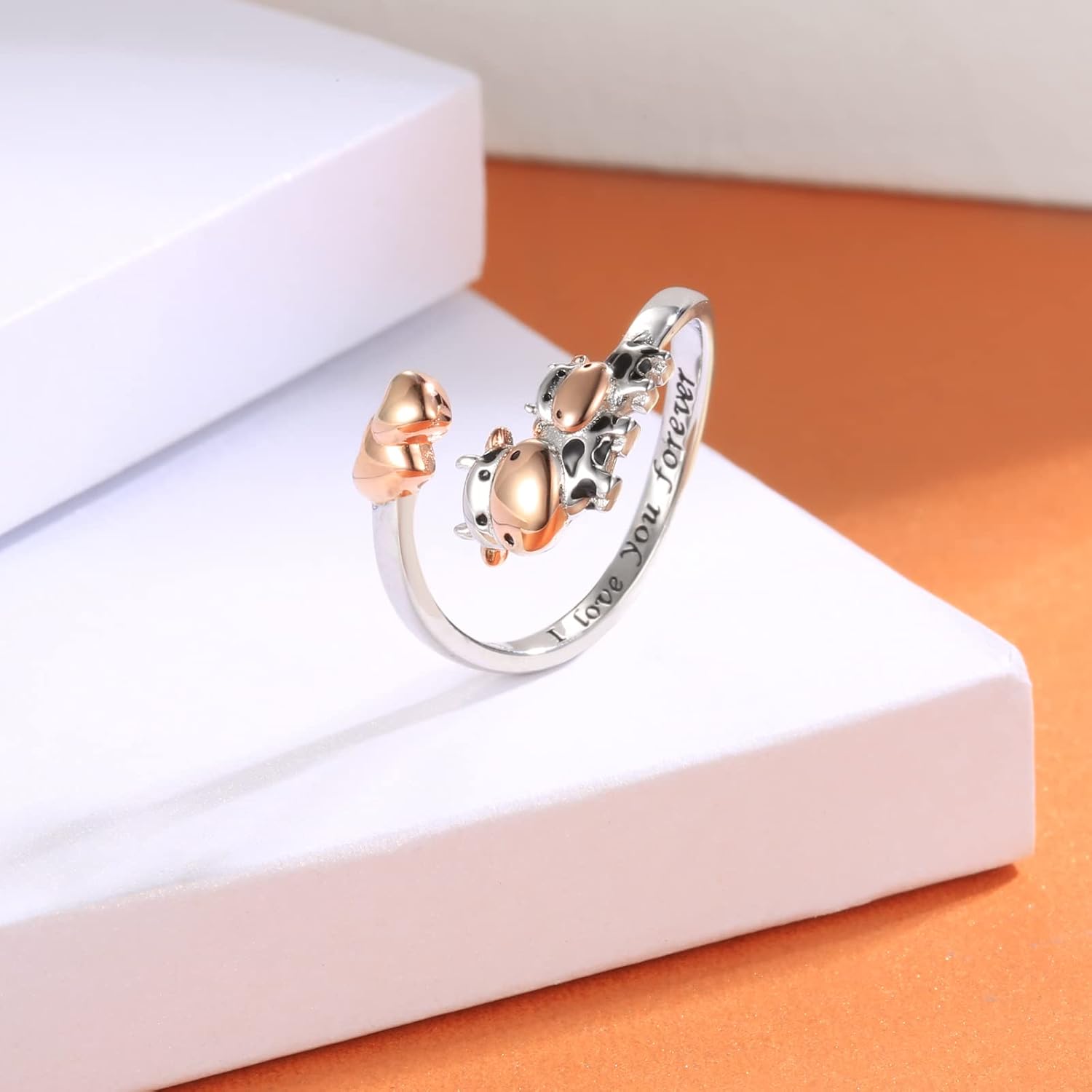 Cow Dinosaur Penguin Mom Daughter Son Ring Adjustable 925 Sterling Silver Cute Animal Jewelry Gifts for Women Mothers Day