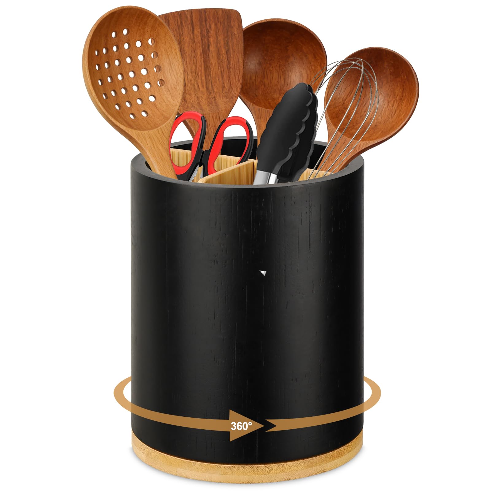 BEZORR Wood Utensil Holder,7.3" Extra Large Utensil Crock,360° Rotating Waterproof Cooking Tool Organizer Decor for Kitchen Cooking Utensils Set, Cutlery Caddy, Spoons & Spatulas -Black
