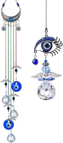 YU FENG Atrapasoles de ángel de cristal colgante de 12.5 pulgadas y 20 pulgadas de ojo malvado azul colgante de cristales atrapasoles con chakras