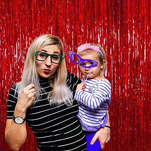 Xtozon 2pcs 3.3ft x 8.3ft Metallic Fringe Curtains Foil Fringe Curtain, Tinsel Curtain Photo Booth Props Backdrops for Birthday Wedding Bridal Baby Shower Celebration Party Decorations (Red)