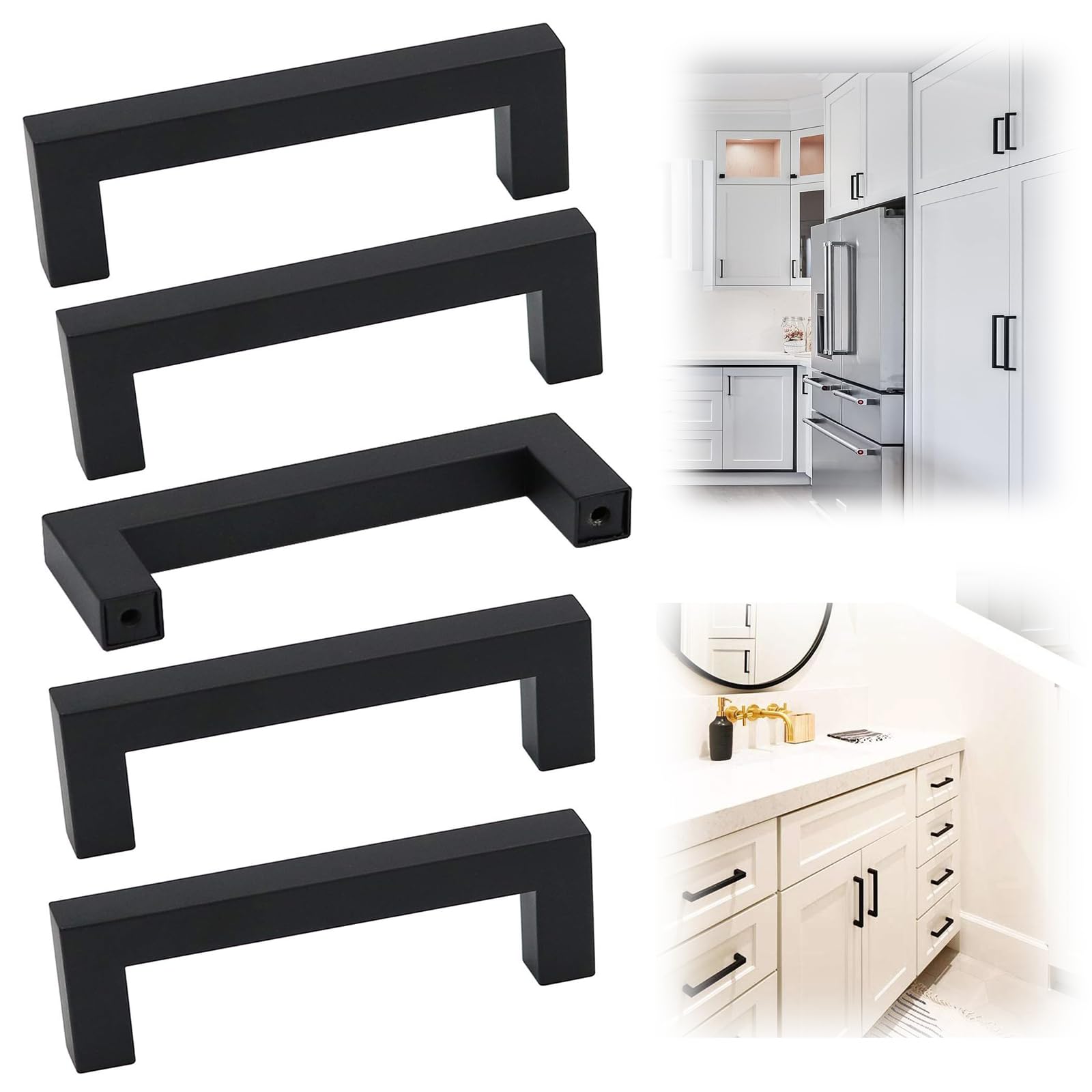 ELECDON 5 Pack Black Square Cabinet Pulls, Drawer Handle Stainless Steel Modern Hardware for Kitchen and Bathroom Cupboard Dresser Pulls, Center to Center 3-3/4in (96mm) Cabinet Pulls