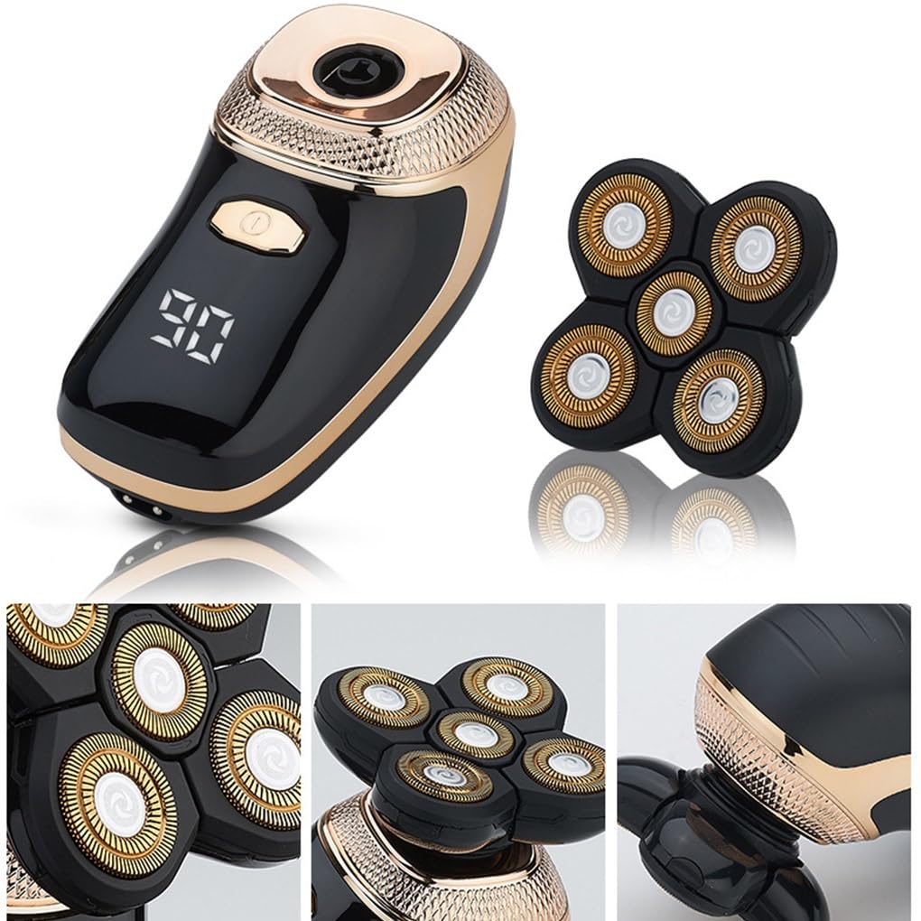 5-in-1 Elektrorasierer für Glatze, wiederaufladbar, 5 schwimmende Köpfe, Bart-, Nasen-, Ohr-, Haarschneider, Rasierer, Haarschneider, Gesichtsbürste, Gold