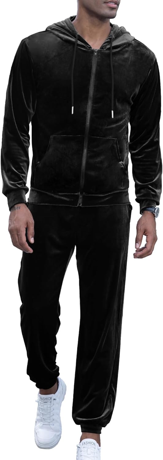 LecGee Mens Tracksuit Long Sleeve Full Zip Velour Hoodie Jacket Jogger Sweatpants Casual Velvet Sweatsuits Set M-3XL - Image 2