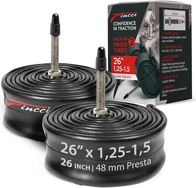 Fincci Durable Bike Tire Tubes 26x 1.25 x 1.35 x 1.4 x 1.5 – Pair 26 Inch Bike Tube with Presta Valve Reliable Air Retention and Easy to Install 2X Tubes for Mountain, MTB, Road, XC, Cruiser Bikes