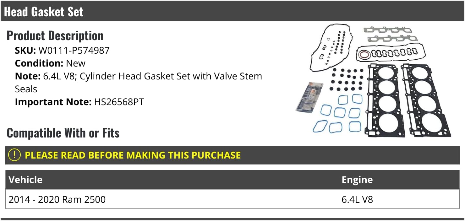 Engine Cylinder Head Gasket Set - with Valve Stem Seals - Compatible with 2014-2020 Ram 2500 6.4L V8