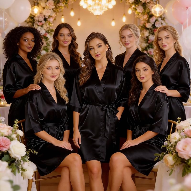 Image of Women's Bride Bridesmaid Robes Short Satin One Size Silver Rhinestones Wedding Party Getting Ready Sleepwear