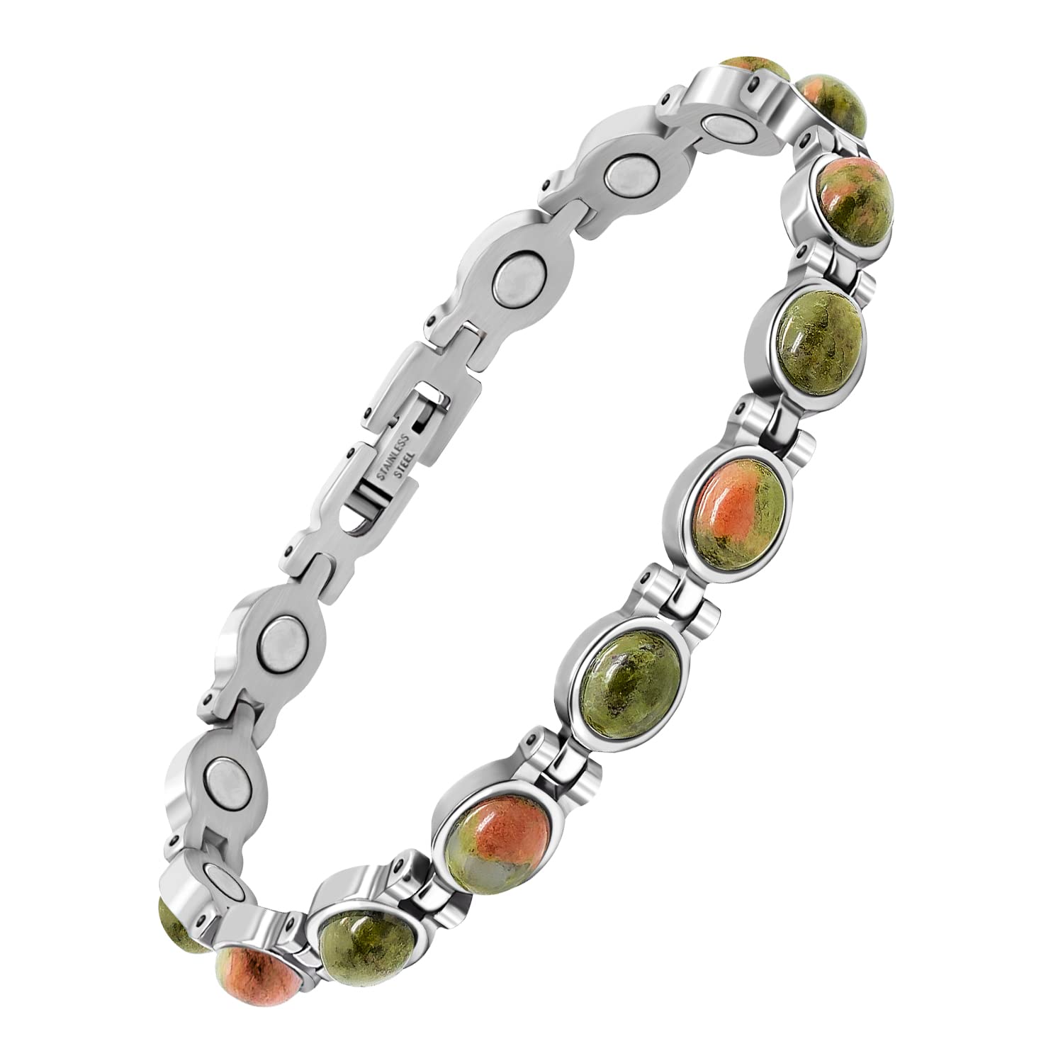 JEROOT Magnetarmband Damen Blume Türkis Steine Edelstahl Armband Magnet | Türkische Magnet Armband Titanstahl und 3500 Gau Gesundheit mit Starke Magnetic, Silber Verstellbar Medizinische Frauen