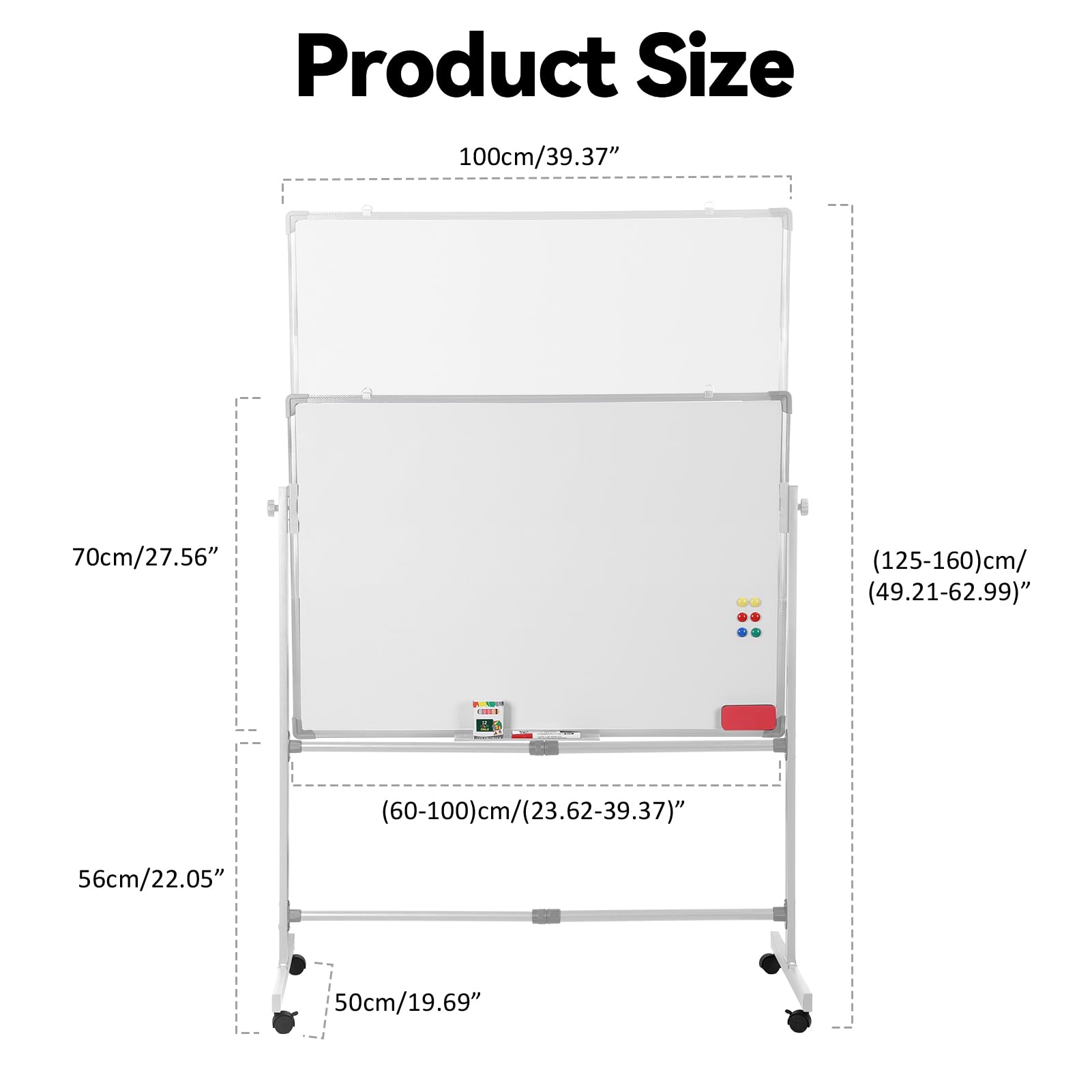 Mobiles Whiteboard, höhenverstellbar, doppelseitig, magnetisch, trocken abwischbar, mit Rädern, wendbar, Whiteboard, Kreidetafel, Staffelei für Büro, Klassenzimmer, Heimbesprechungen (70 x 100 cm)