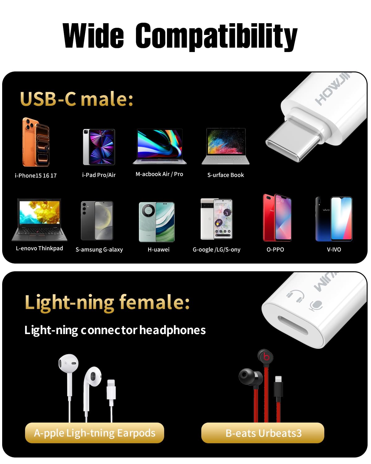 Paquete de 2 adaptadores de audio de luz a USB C para música/llamadas/control, USB C macho a Lightning hembra adaptador de auriculares para teléfono 15/16/17, almohadilla, G-alaxy, no para