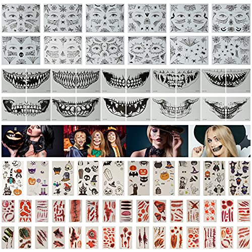 GEKUPEM 72 Sheets Halloween Temporary Tattoos, Face Shoulder Arm Back Waterproof Tattoos Noctilucent Stickers Vampire Ba