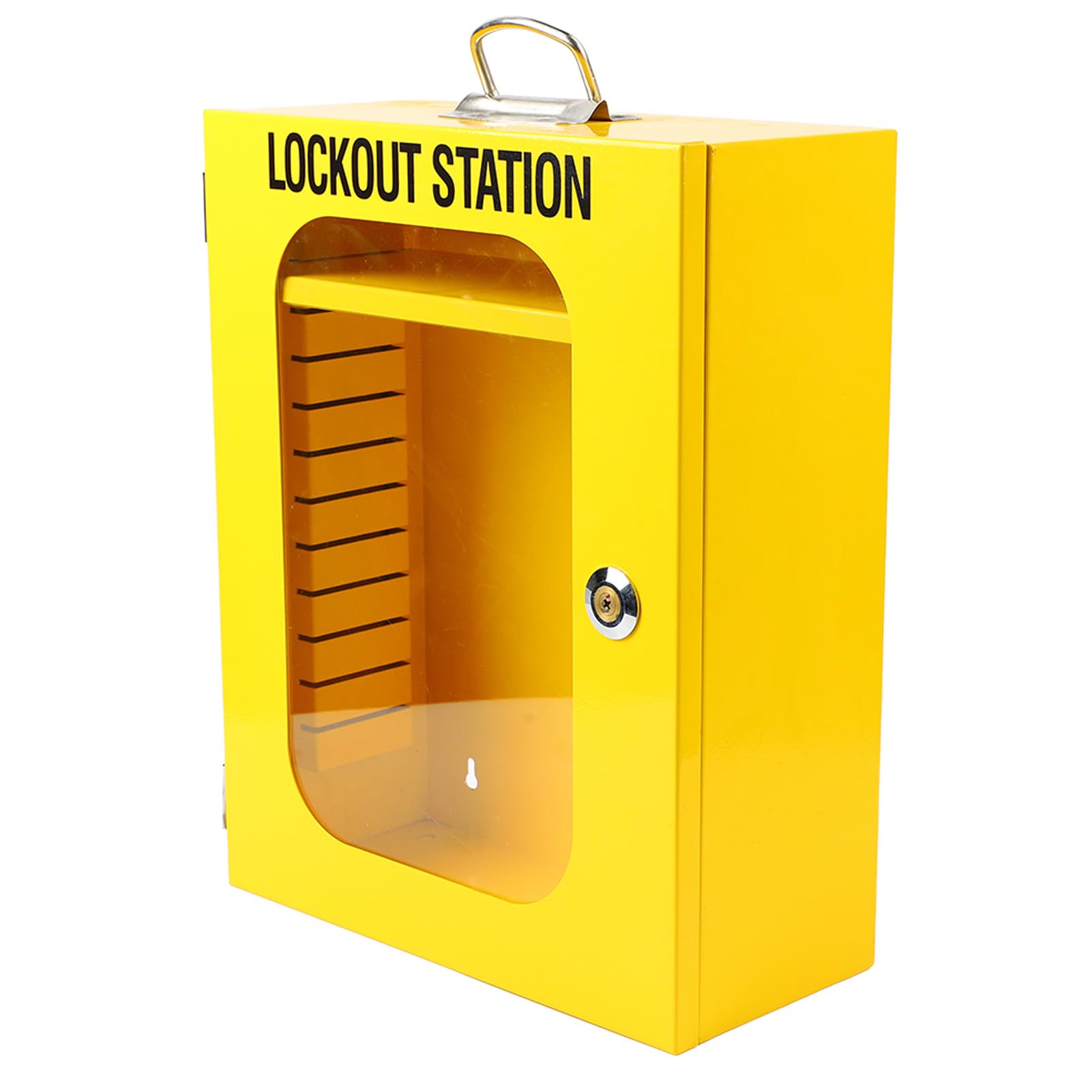 Estación de etiqueta de bloqueo para puertas de vidrio, gabinete caja loto de acero industrial resistente, diseño montado en la pared, ideal para seguridad y eficiencia en mantenimiento industrial