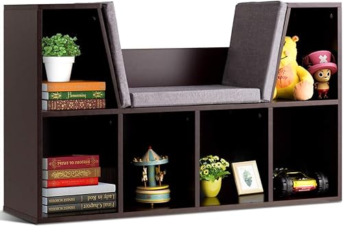 Costzon Estantería infantil con rincón de lectura, estantería de 6 cubos con cojín de asiento suave, organizador de almacenamiento de juguetes de