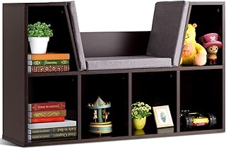 Costzon Kids Bookshelf with Reading Nook, 6 Cubby Bookcase with Soft Sea...