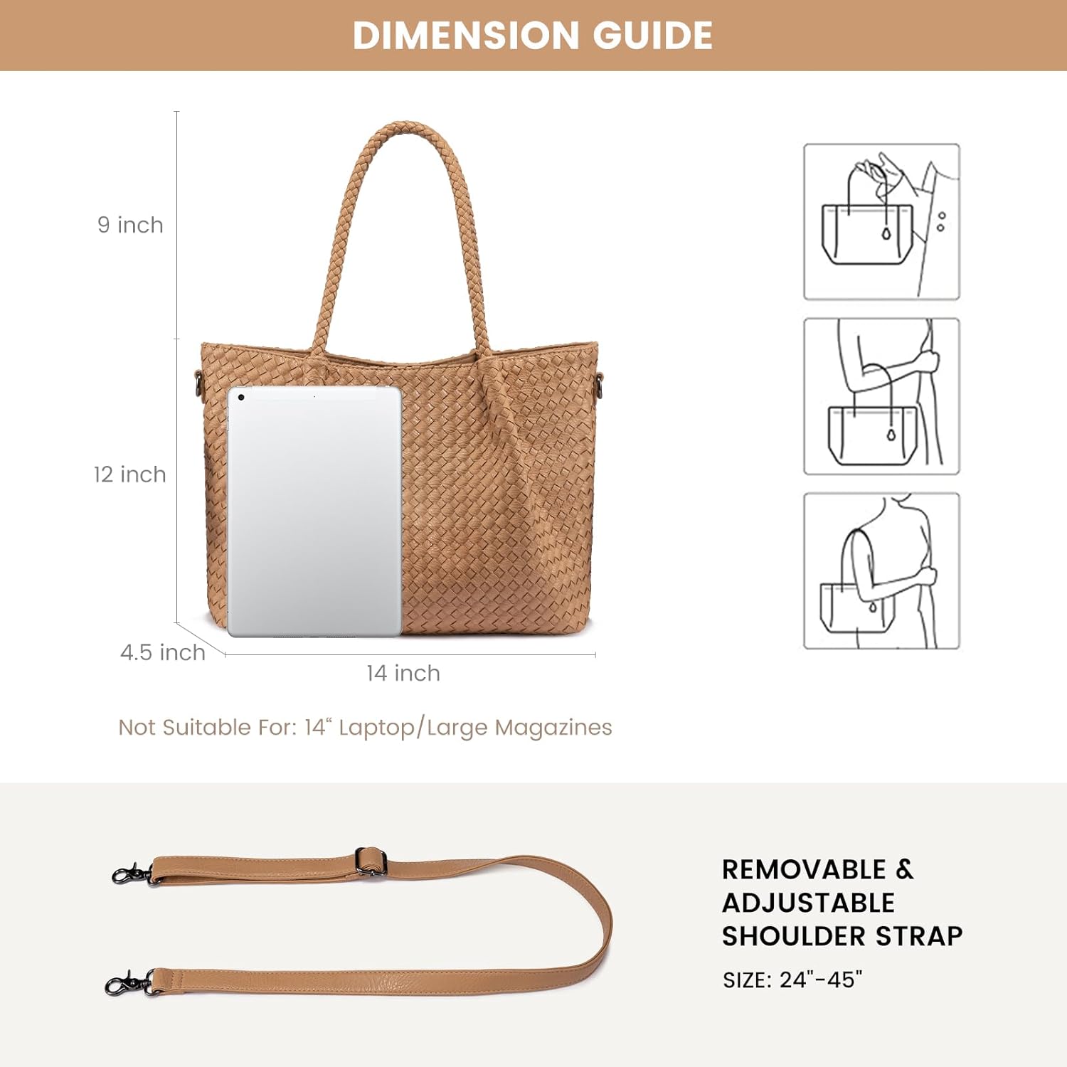 LOVEVOOK Woven Tote Bag for Women Vegan Leather Shoulder Handbag for Travel Work Crossbody Purse - Image 6