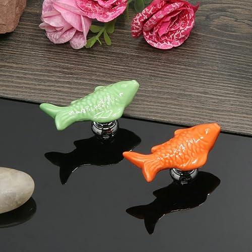 Miniatura 7 de 5 pomos de cerámica con forma de pez para cajones para niños, lindos pomos de gabinete de animales de dibujos animados con 3 tipos de tornillos,