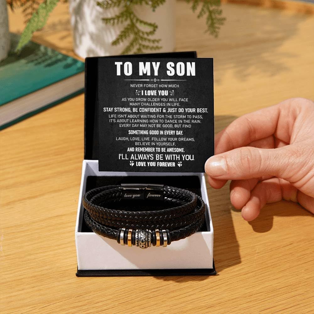 To My Son Bracelet, Stainless Steel Chain & Braided Leather Bracelet, nspirational Present for Son from Mom and Dad, Birthday Christmas Graduation Gifts for Teens.