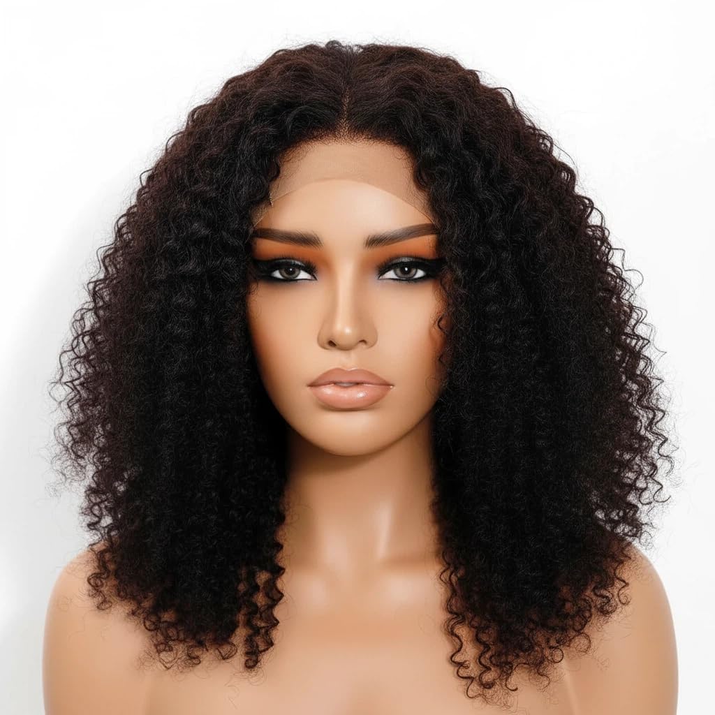 hoshee Afro Kinky Curly Wig Human Hair With 4C Edges Baby Hair Pre-Bleached Tiny Knots Layered Cut Wigs For Black Women Natural Color 13x6 HD Lace