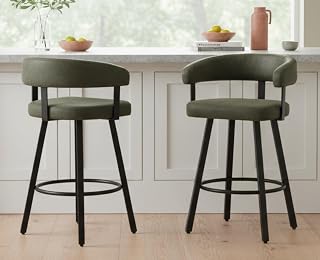 Modern Green Counter Height Bar Stools Set of 2 Leather Barstools with Backs/Metal Legs/Footrest Upholstered Counter Stools Comfy Bar Chairs for Dining Room/Home Bar/Kitchen Island/Pub,25 Inch
