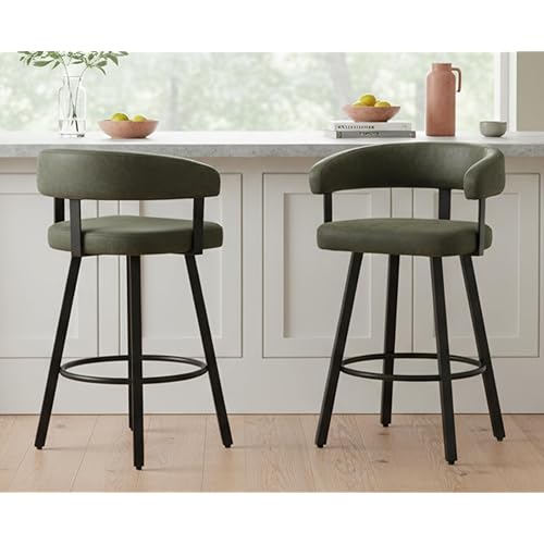 Modern Green Counter Height Bar Stools Set of 2 Leather Barstools with Backs/Metal Legs/Footrest Upholstered Counter Stools Comfy Bar Chairs for Dining Room/Home Bar/Kitchen Island/Pub,25 Inch