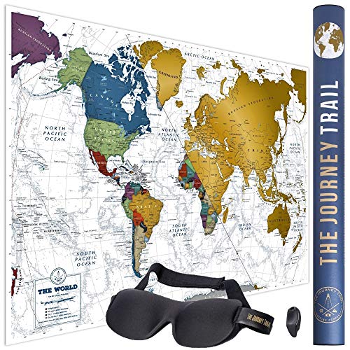 Mapamundi para rascar para viajeros y familias - Scratch off world map poster más grande (84x57cm) y con más destinos - Incluye antifaz para un sueño profundo y reparador
