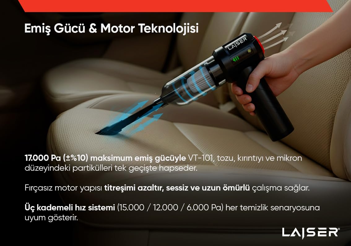 Laiser Mini, Katlanabilir LED Ekranlı 17.000 PA 3 in 1 Çekme-Vakum-Üfleme Özellikli Şarjlı Araç Süpürgesi