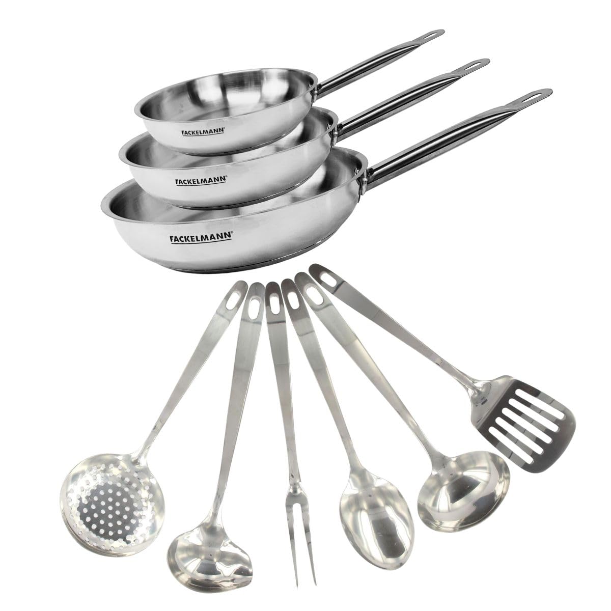 Fackelmann Set 3 poêles inox avec 6 ustensiles inox 20, 24 et 28 cm