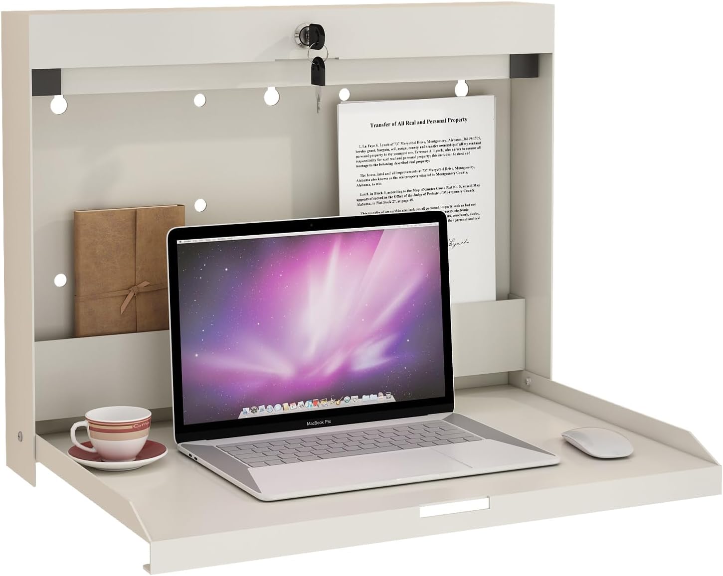 Foldable Wall Desk with 20" W x 13" D Work Surface, Fold Down Floating Wall Mounted Laptop Computer Table, Lockable Industrial Shop Corner Folding Workstation for Office & Factory, White